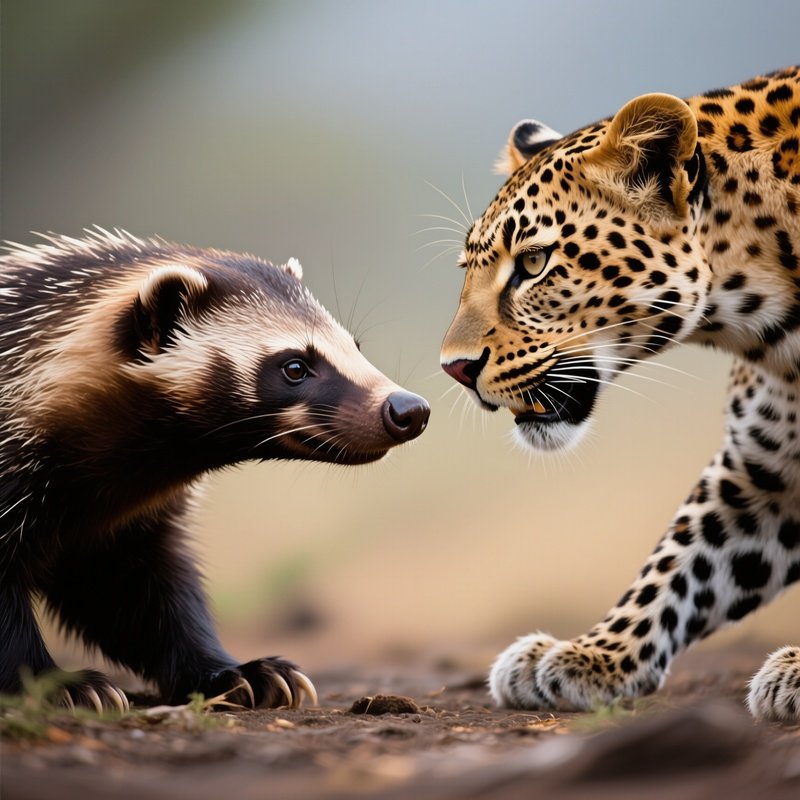 A Rare Honey Badger Facing Off Against A Leopard.