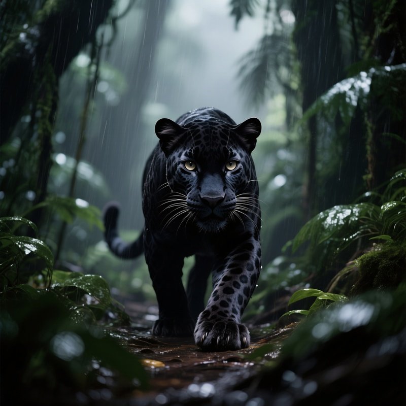 A Rare Melanistic Jaguar Stalking Through Rainforest Shadows.