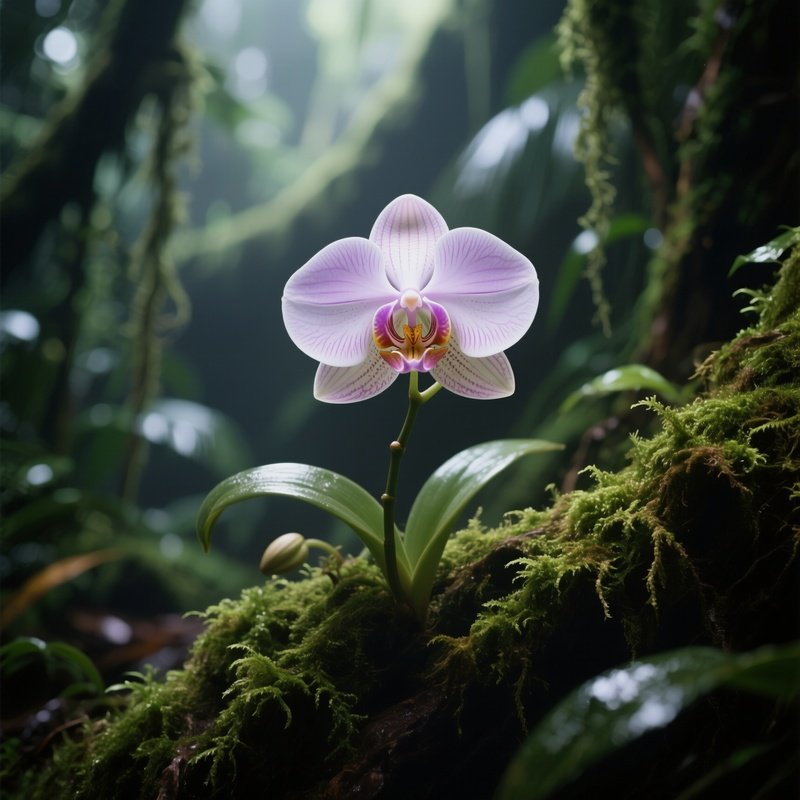 A Rare Orchid Blooming Deep Within A Mossy Jungle.