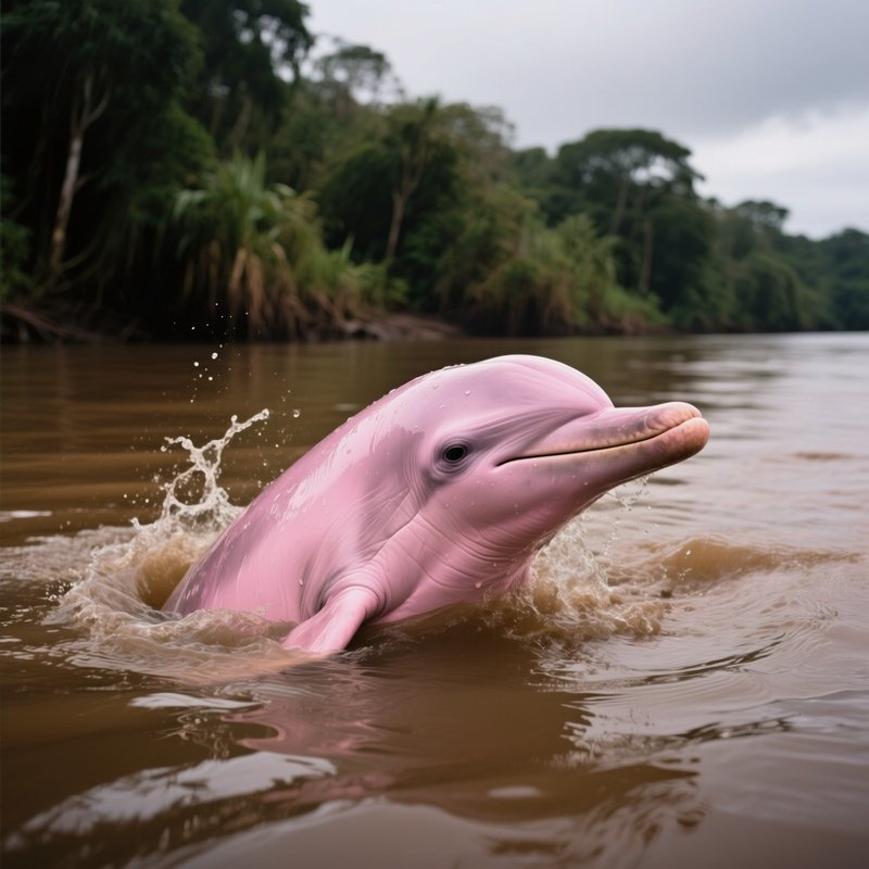 A Rare Pink Dolphin Surfacing In Muddy River Water