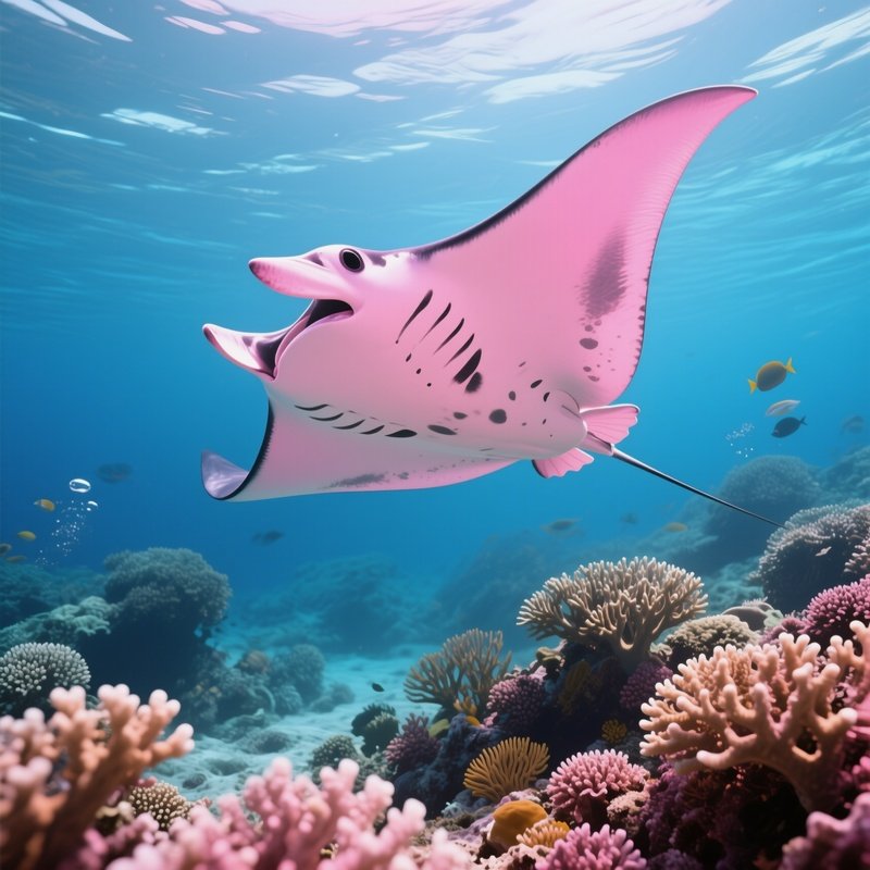 A Rare Pink Manta Ray Gliding Over Coral Reefs.