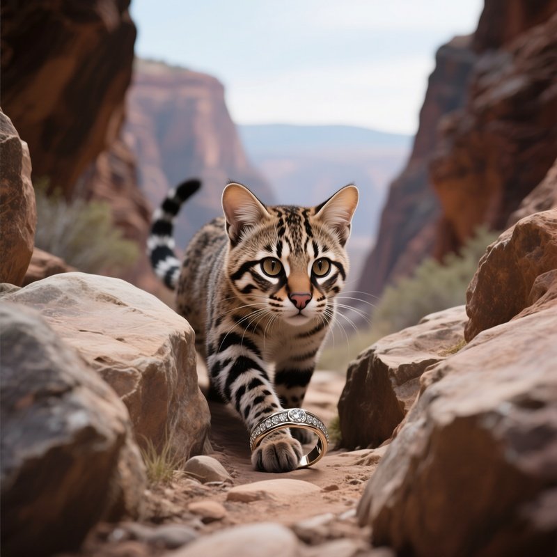 A Rare Ring Tailed Cat Sneaking Along Canyon Rocks.