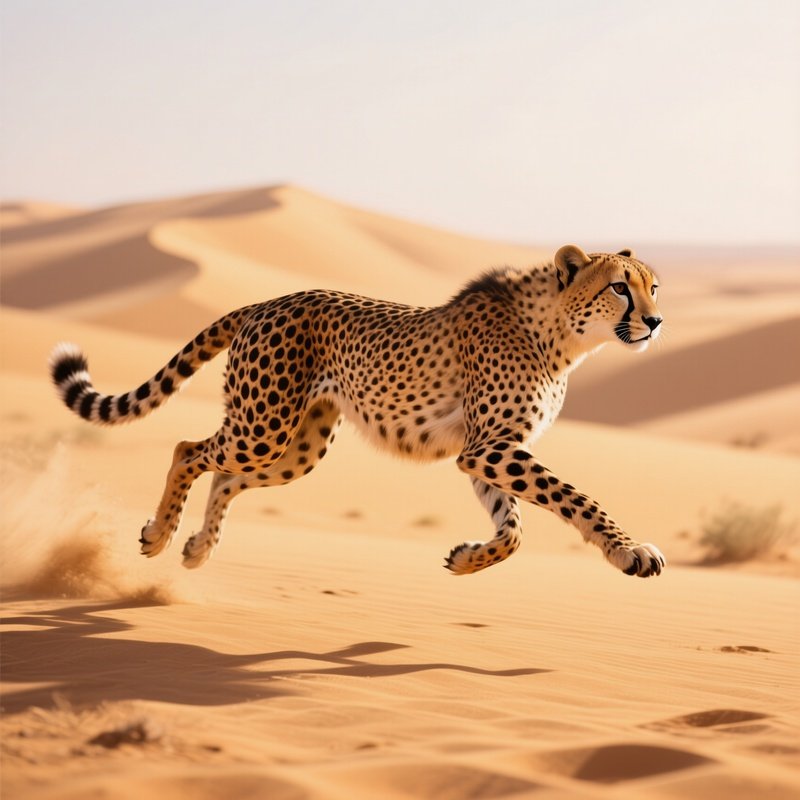 A Rare Saharan Cheetah Sprinting Across Golden Dunes.