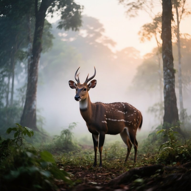 A Rare Saola Standing In A Misty Lao Forest At Dawn