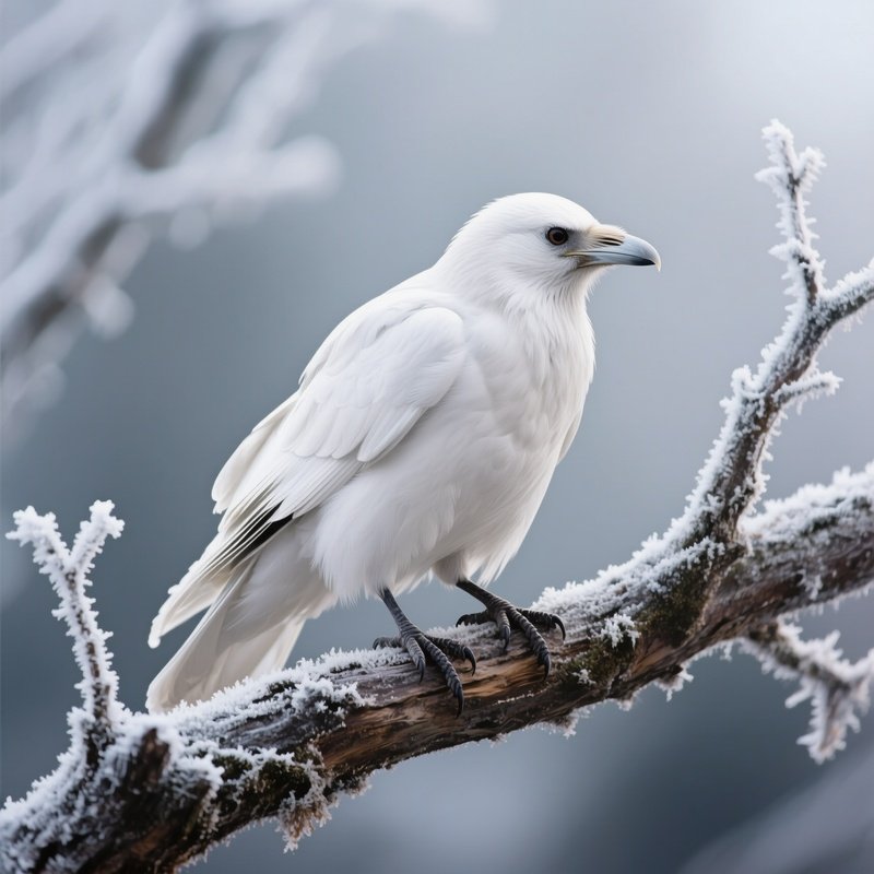 A Rare White Raven Perched On A Frost Covered Tree Branch.