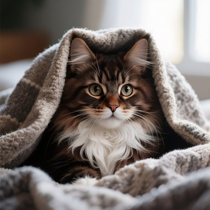 A Realistic Digital Rendition Of A Cat Maine Coon Peeping Out From Under Blanket