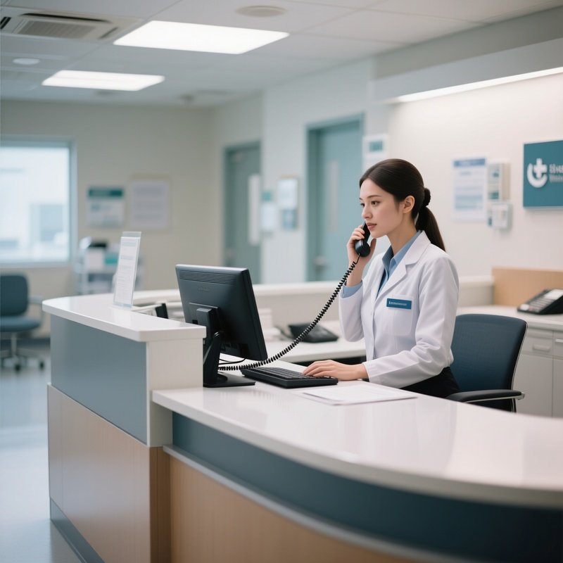 A Receptionist Answering Calls Behind A Sleek Hospital Desk