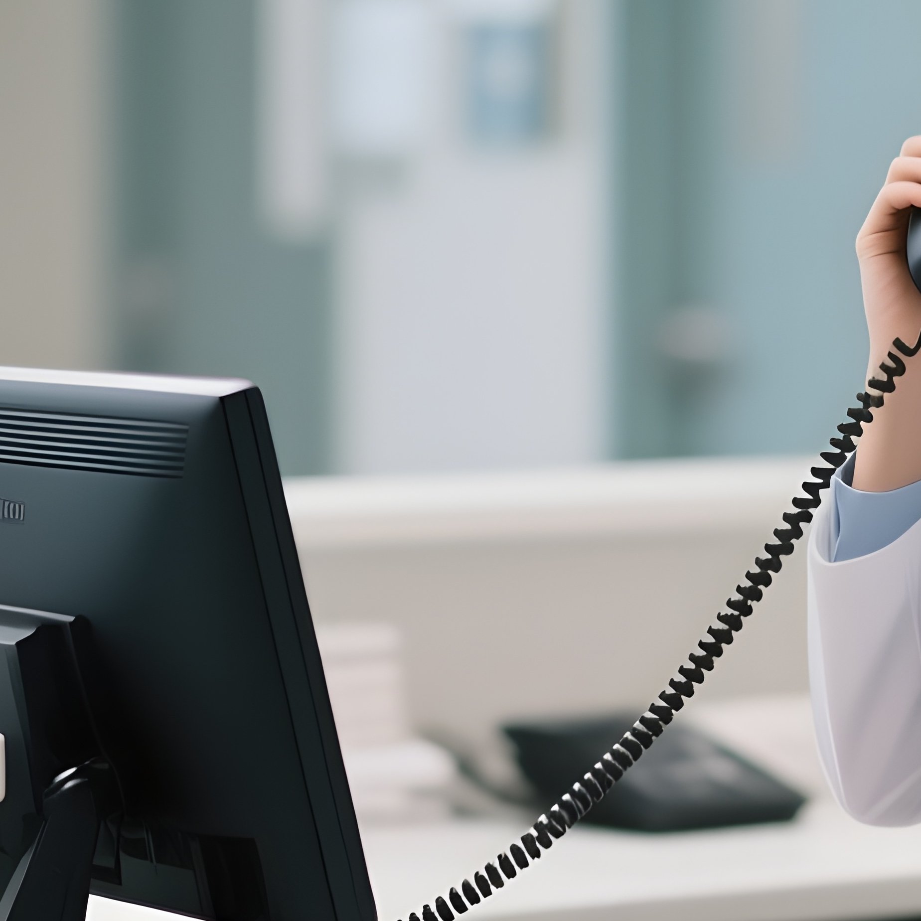 A Receptionist Answering Calls Behind A Sleek Hospital Desk - Full Resolution Quality Preview