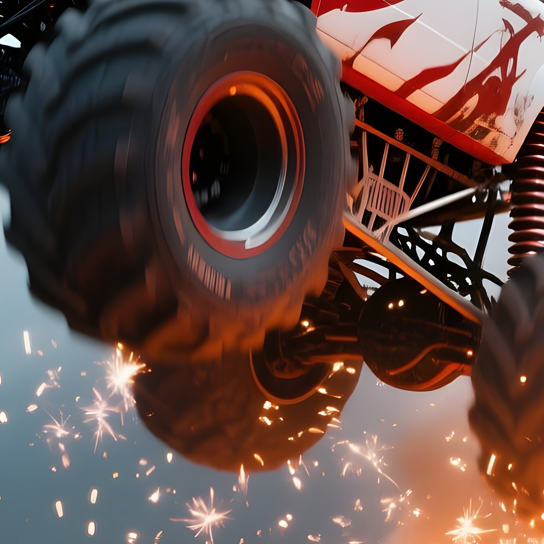 A Red And White Monster Truck Performs A High Flying Jump Over A Line Of Flaming Barrels On An - Full Resolution Quality Preview