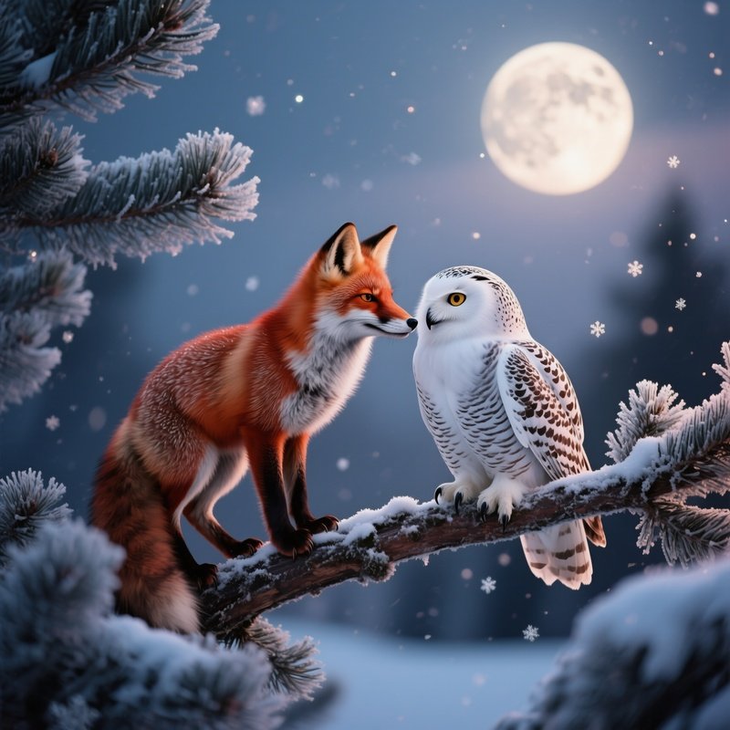 A Red Fox And A Snowy Owl Exchange A Quick Peck On A Frost‑Covered Pine Branch At Twilight,