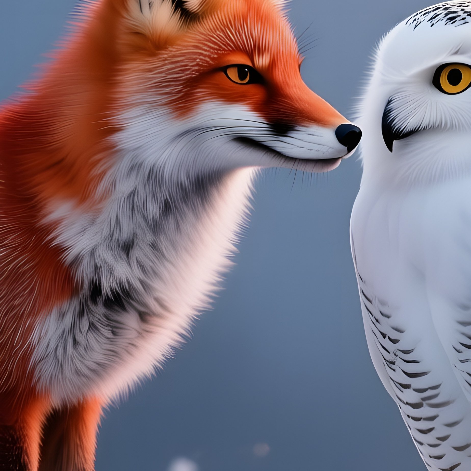 A Red Fox And A Snowy Owl Exchange A Quick Peck On A Frost‑Covered Pine Branch At Twilight, - Full Resolution Quality Preview