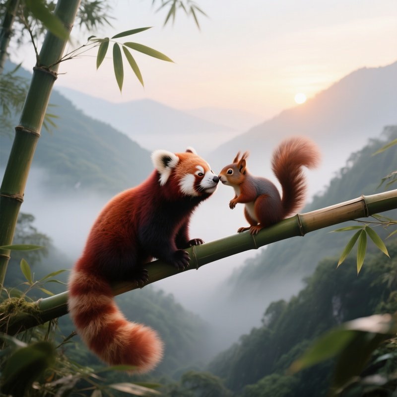 A Red Panda And A Bamboo Squirrel Exchange A Gentle Kiss Atop A Bamboo Stalk In A Misty Mountain