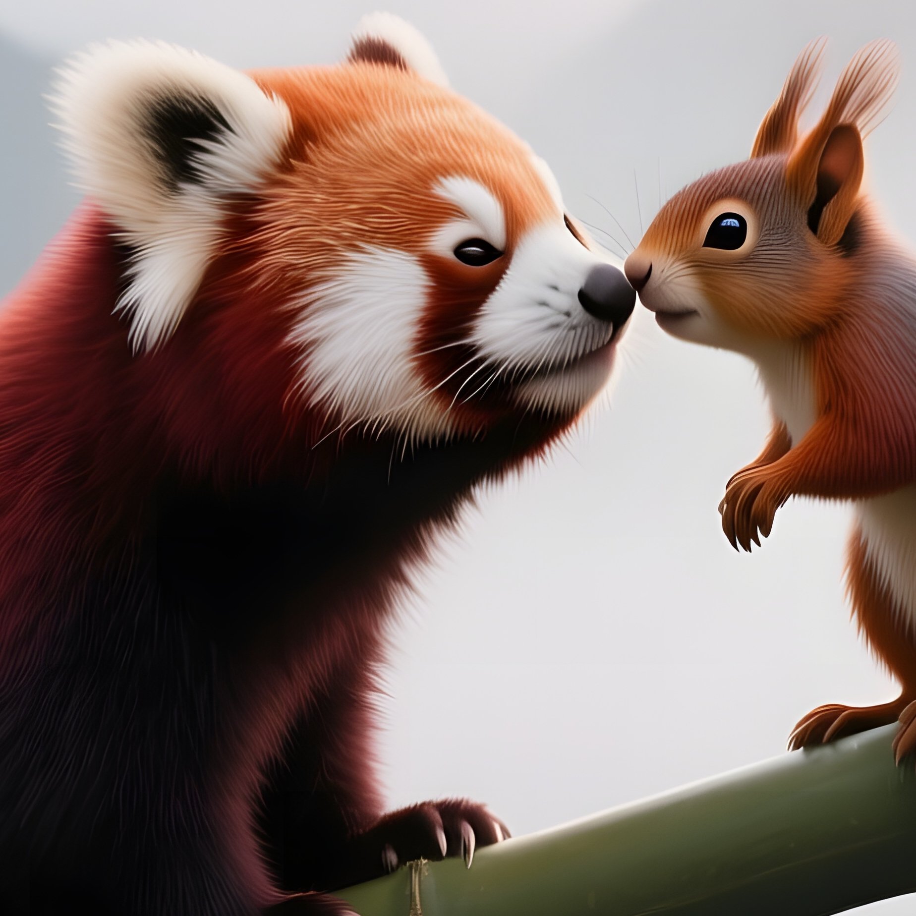 A Red Panda And A Bamboo Squirrel Exchange A Gentle Kiss Atop A Bamboo Stalk In A Misty Mountain - Full Resolution Quality Preview