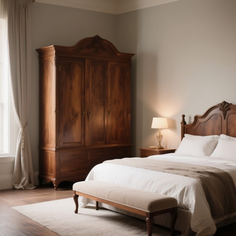 A Refined Bedroom Scene With A Handcrafted Wooden Wardrobe, A Bench At The Foot Of The Bed, And Soft Lighting