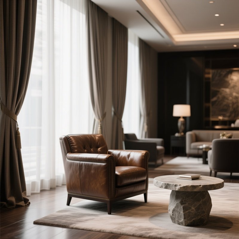 A Refined Lounge Area With A Leather Armchair, A Stone Side Table, And Floor To Ceiling Curtains