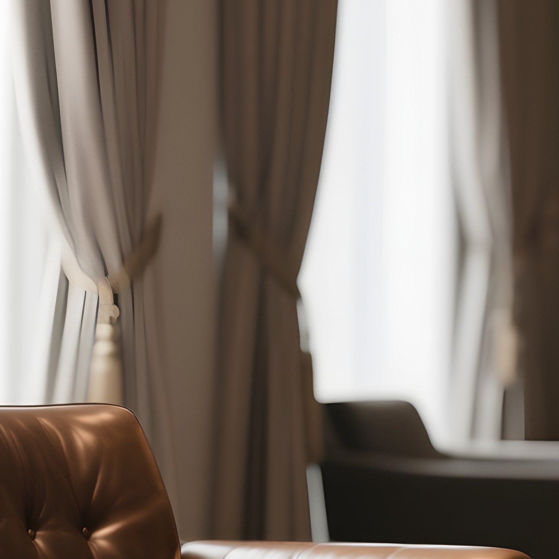 A Refined Lounge Area With A Leather Armchair, A Stone Side Table, And Floor To Ceiling Curtains - Full Resolution Quality Preview