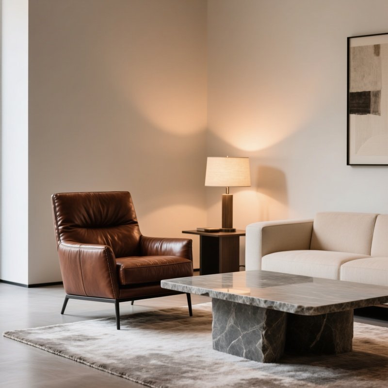 A Refined Lounge Featuring A Leather Chair And Stone Table