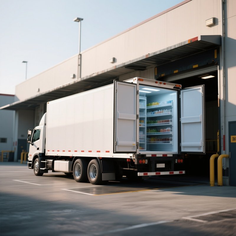 A Refrigerated Truck Parked Near A Loading Dock With Open Cargo Doors