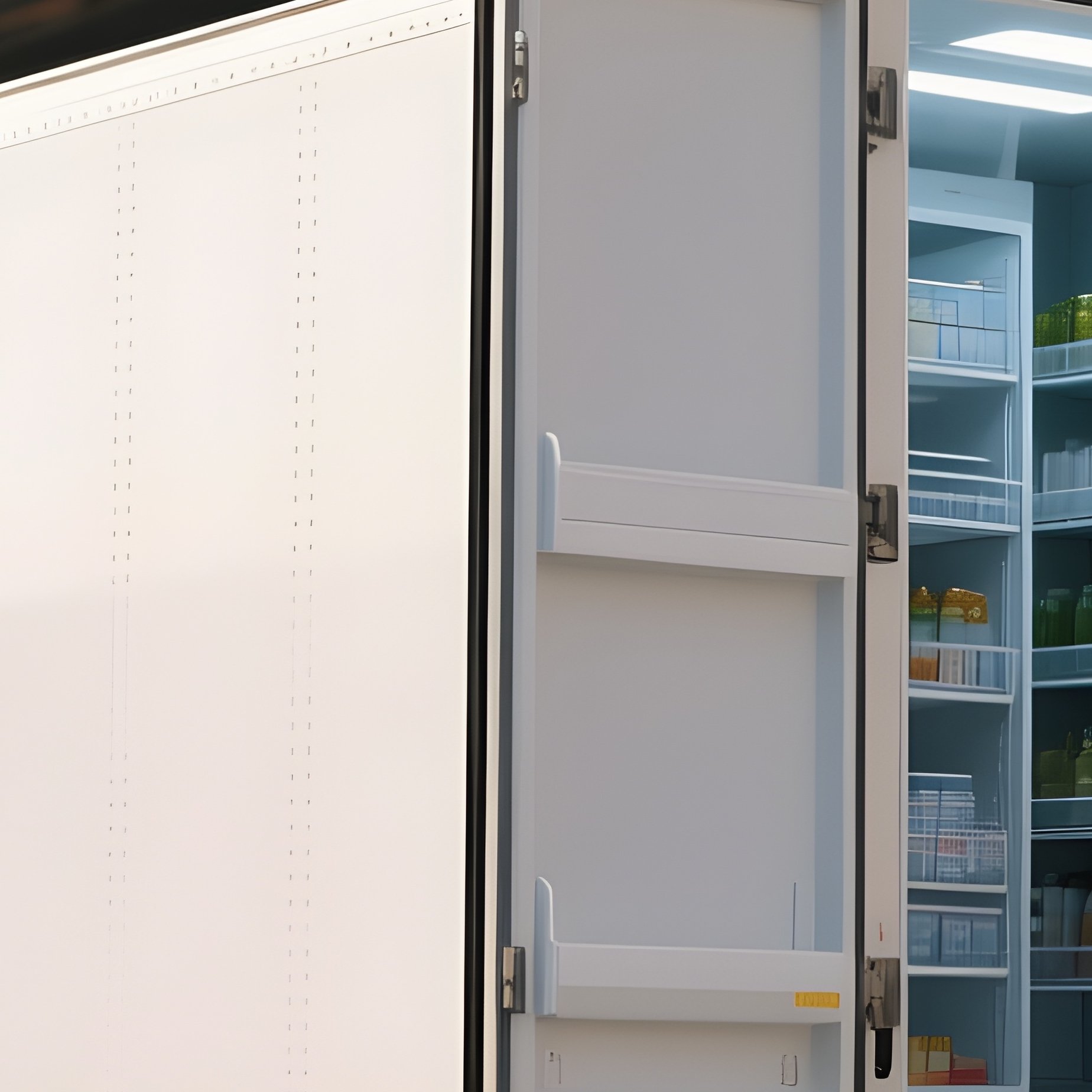 A Refrigerated Truck Parked Near A Loading Dock With Open Cargo Doors - Full Resolution Quality Preview