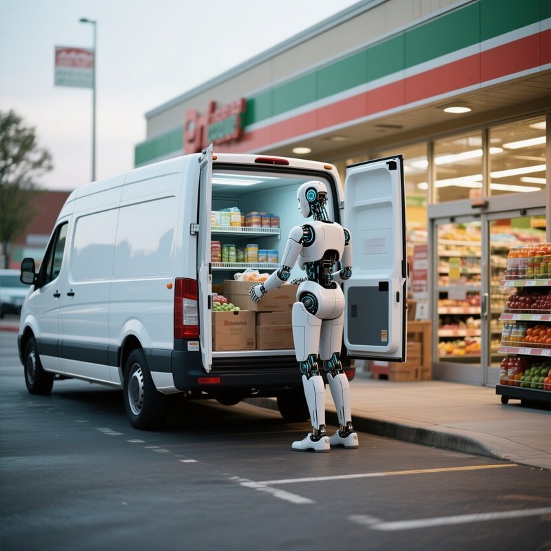 A Refrigerated Van Unloading Goods Behind A Grocery Store