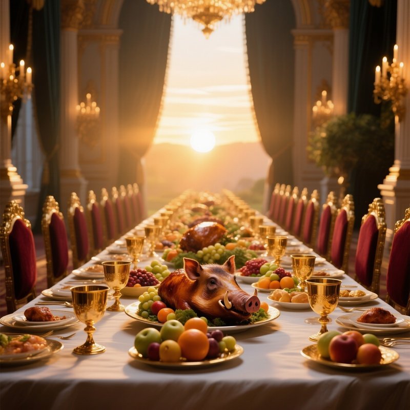 A Regal Banquet Hall At Sunrise, Golden Light Spilling Over A Long Table Laden With Roasted Boar,
