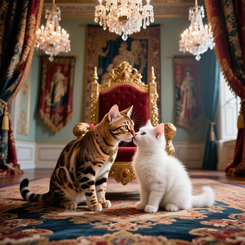 A Regal Bengal Cat Presses Its Nose To A Fluffy White Kitten For A Kiss Atop An Ornate Throne Room
