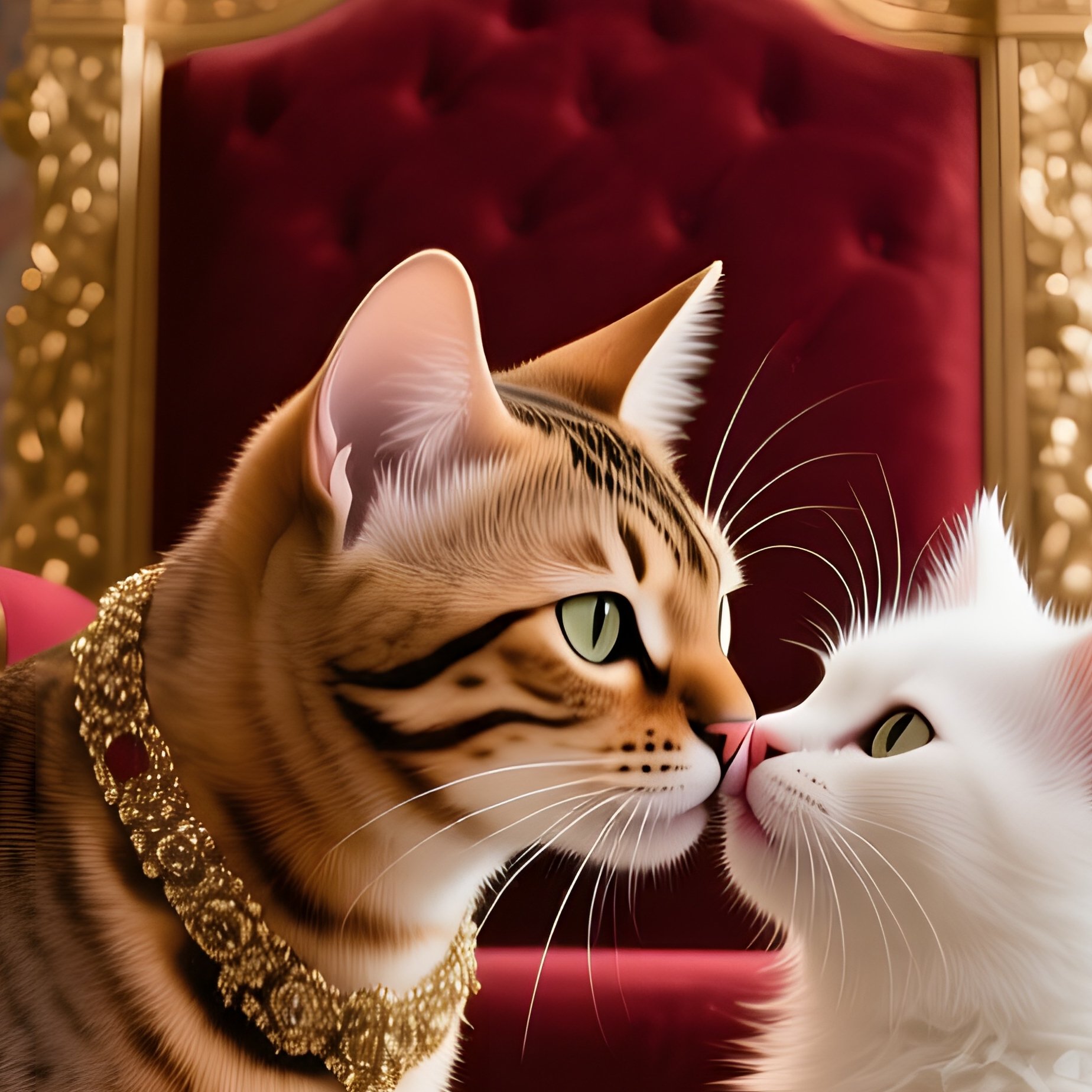 A Regal Bengal Cat Presses Its Nose To A Fluffy White Kitten For A Kiss Atop An Ornate Throne Room - Full Resolution Quality Preview