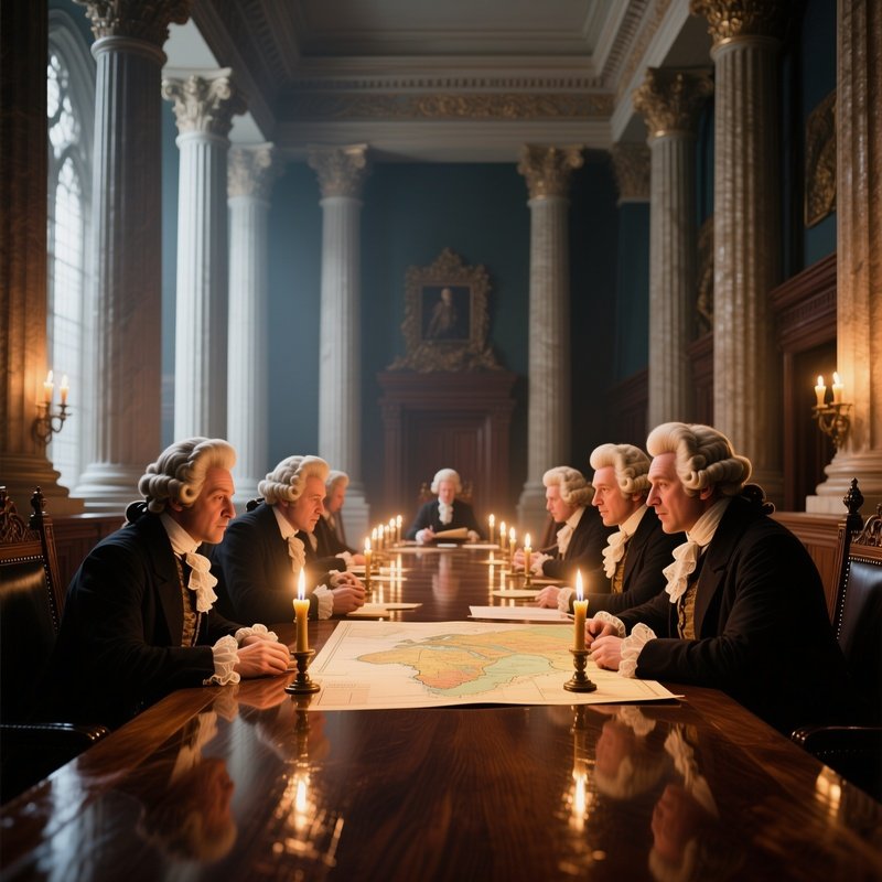 A Regal Council Chamber With Towering Columns, A Long Oak Table Polished To Mirror Sheen, And