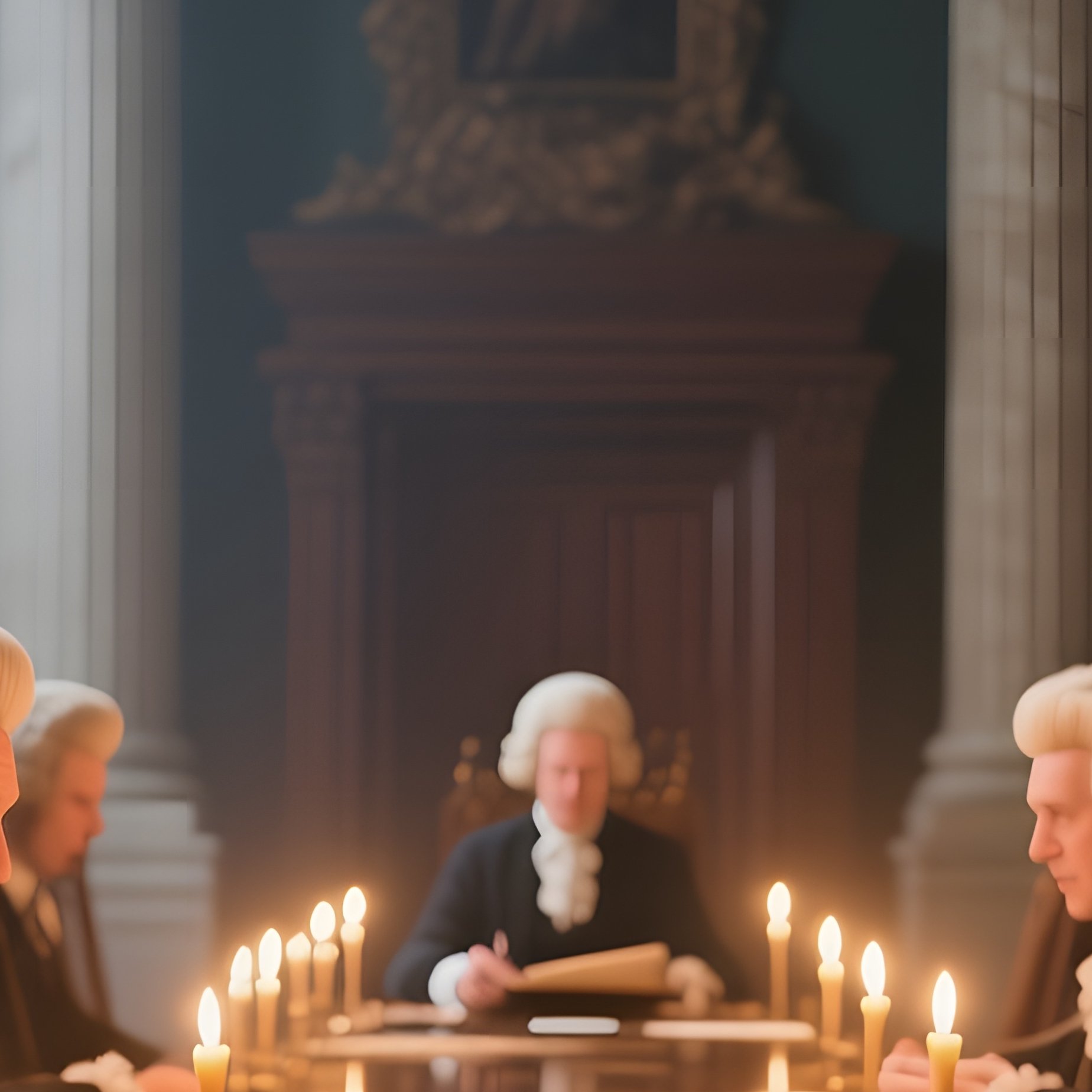 A Regal Council Chamber With Towering Columns, A Long Oak Table Polished To Mirror Sheen, And - Full Resolution Quality Preview