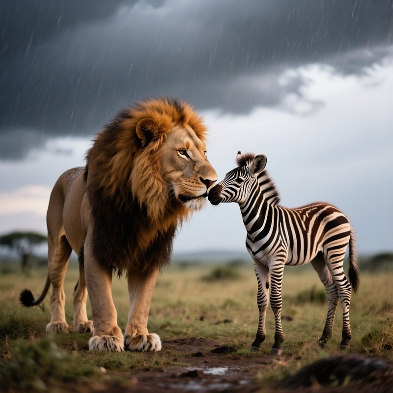 A Regal Lioness Nuzzles A Gentle Zebra Foal For A Surprising Kiss On The African Plains As Rain