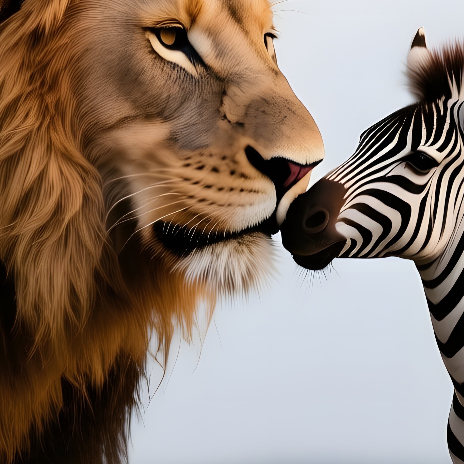 A Regal Lioness Nuzzles A Gentle Zebra Foal For A Surprising Kiss On The African Plains As Rain - Full Resolution Quality Preview