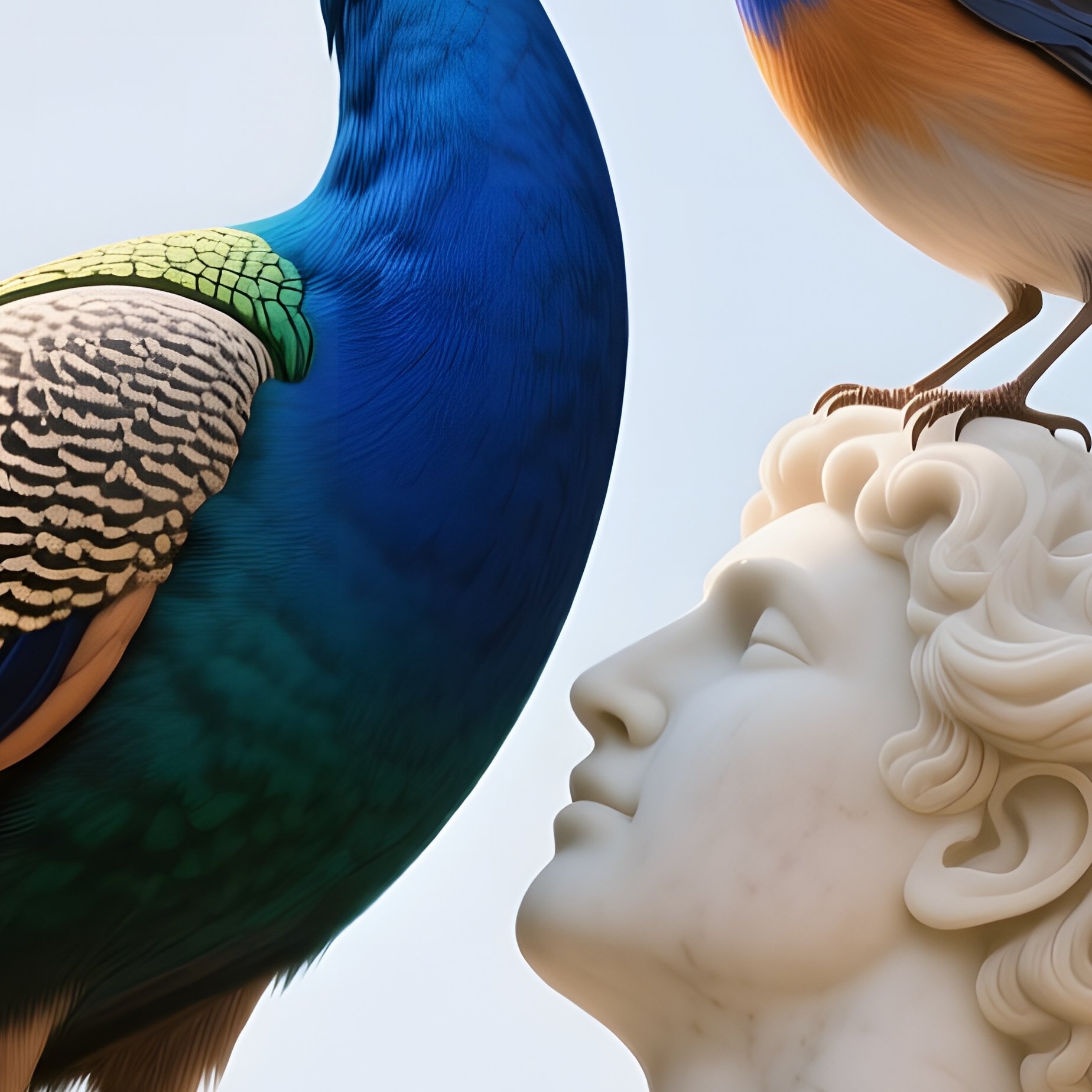 A Regal Peacock And A Bright Bluebird Exchange A Quick Kiss Atop A Marble Statue Surrounded By - Full Resolution Quality Preview