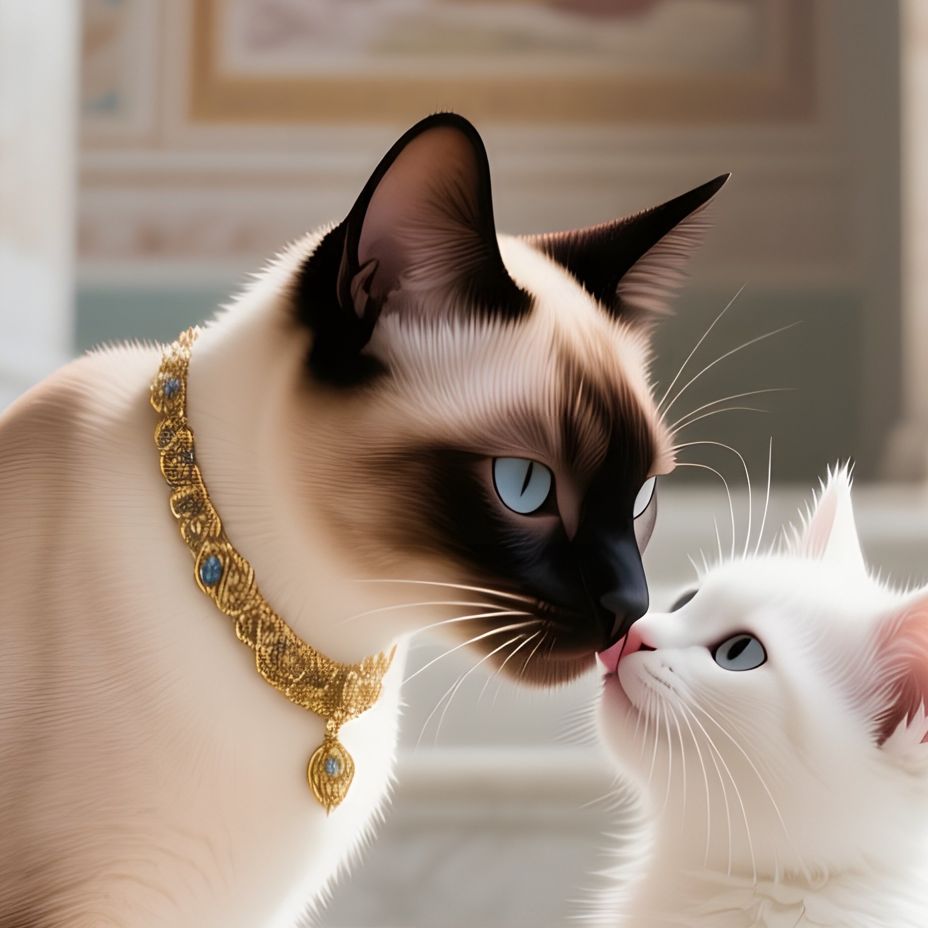 A Regal Siamese Cat Kisses A Fluffy White Kitten On A Marble Staircase Of An Ancient Palace, - Full Resolution Quality Preview