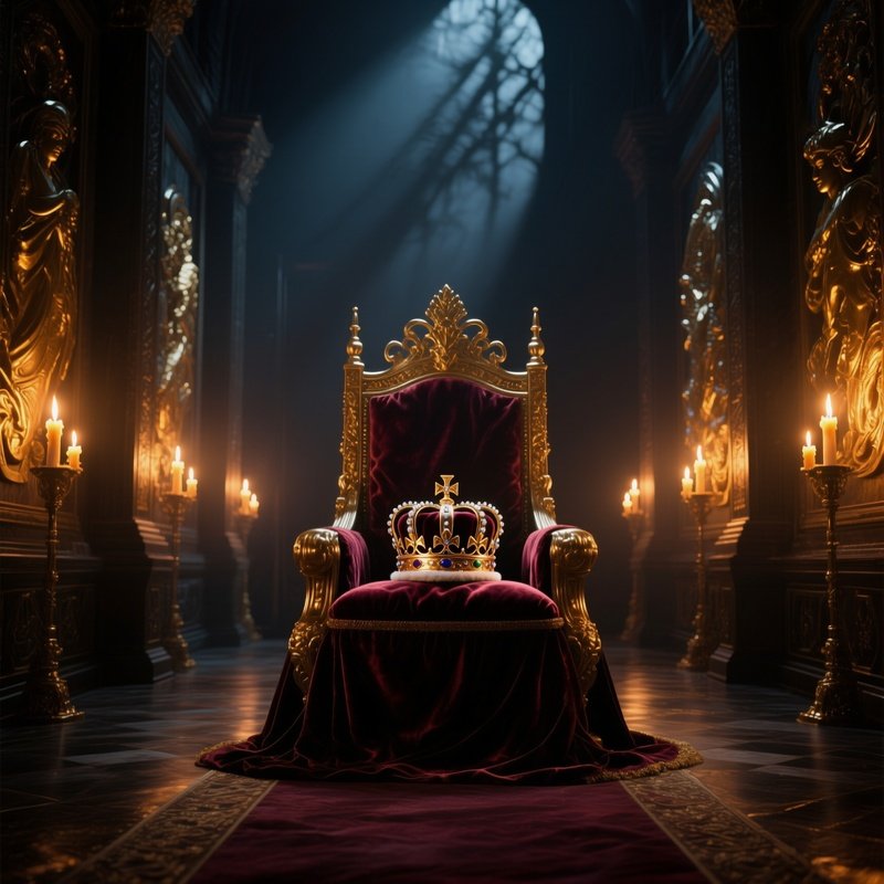 A Regal Throne Room At Night, Torches Lining The Walls Casting Dramatic Shadows On Gilded Reliefs,
