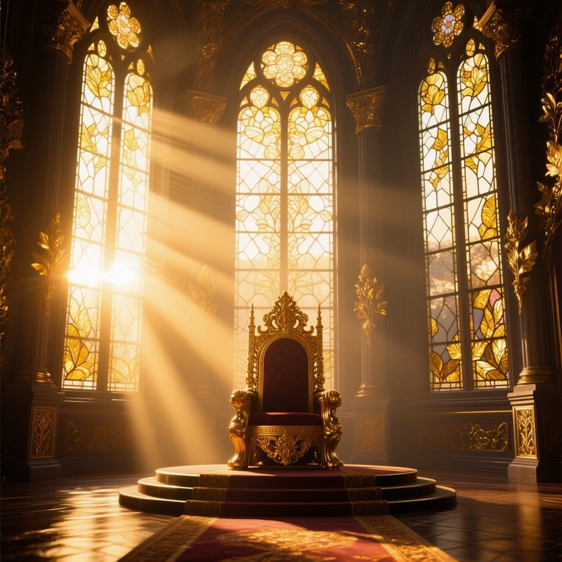 A Regal Throne Room Bathed In Sunrise, Golden Rays Streaming Through Tall Stained Glass Windows,