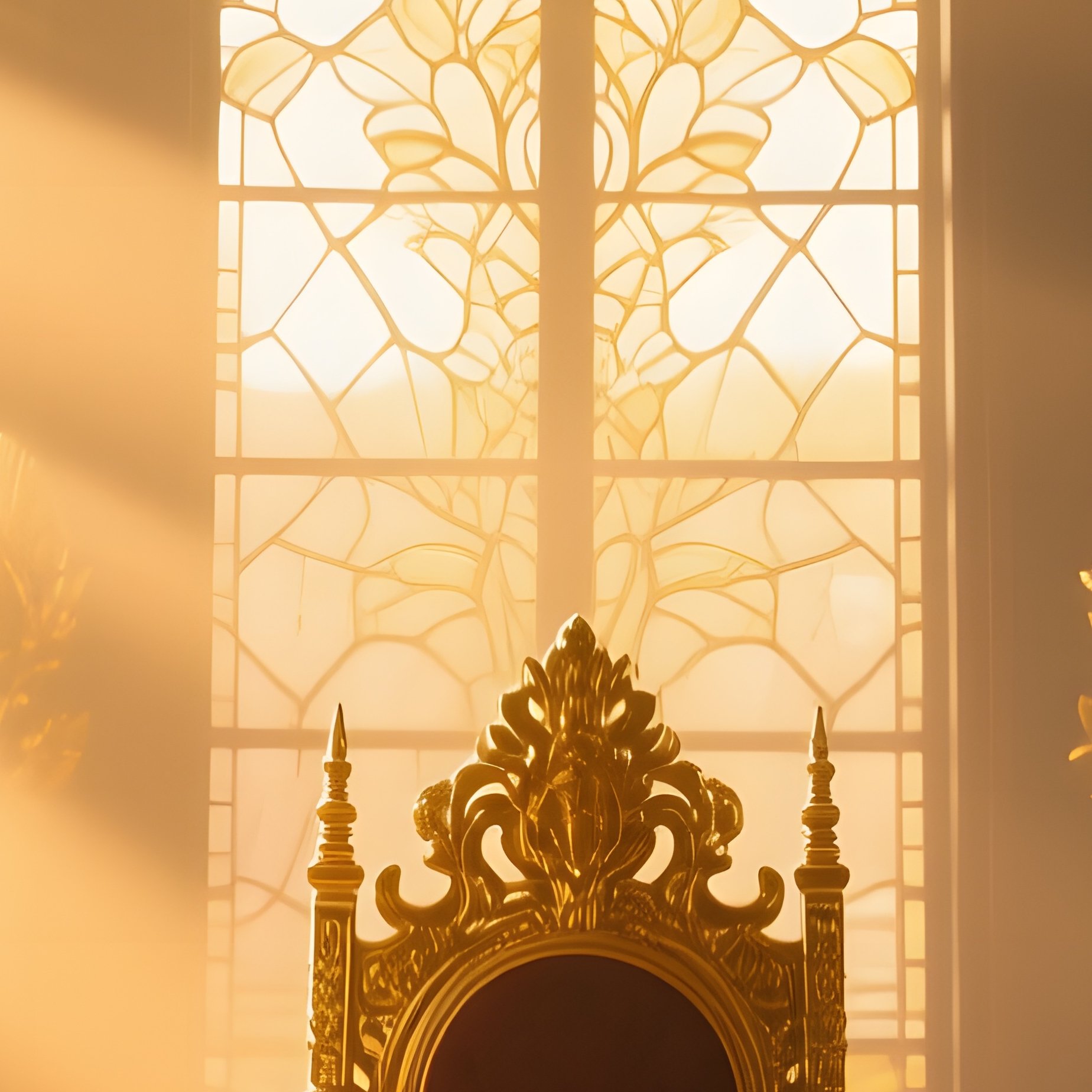 A Regal Throne Room Bathed In Sunrise, Golden Rays Streaming Through Tall Stained Glass Windows, - Full Resolution Quality Preview