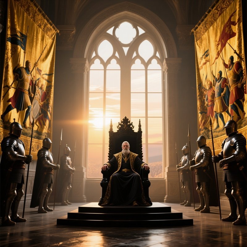 A Regal Throne Room Illuminated By Sunrise Through Tall Arched Windows, Golden Tapestries Depicting