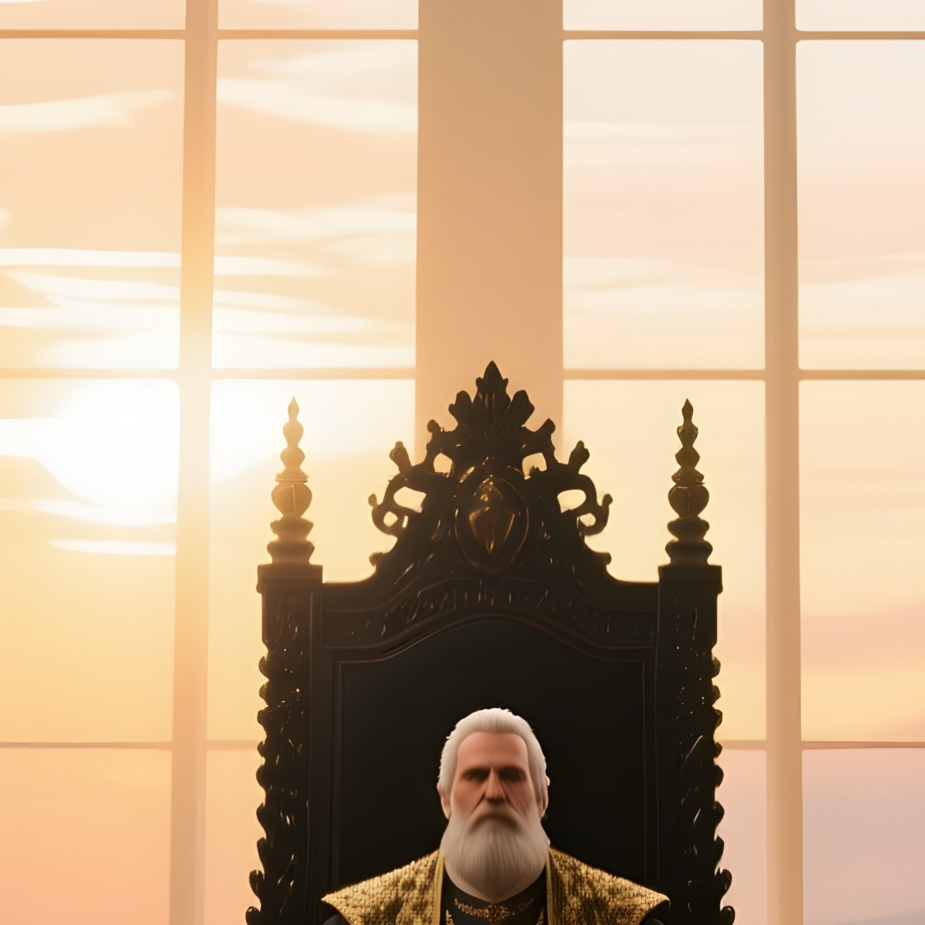 A Regal Throne Room Illuminated By Sunrise Through Tall Arched Windows, Golden Tapestries Depicting - Full Resolution Quality Preview