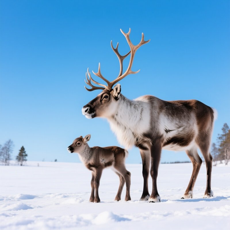 A Reindeer And Its Calf In A Snowy Landscape Reindeer Wildlife