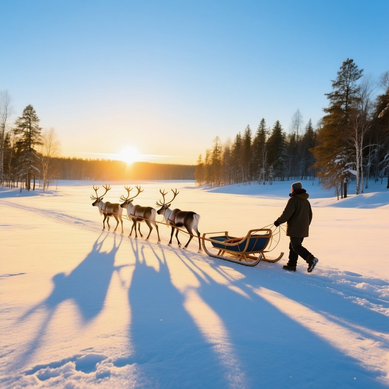 A Reindeer Sled Journey In A Snowy Landscape Winter Reindeer