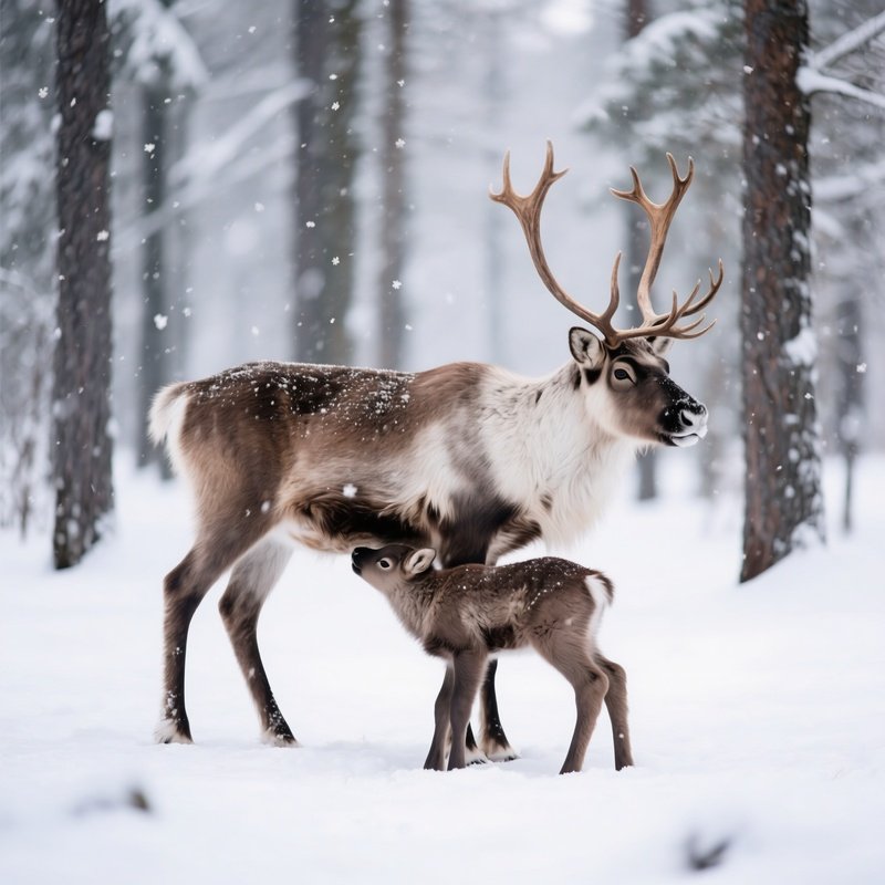 A Reindeer With Its Calf In A Snowy Forest Reindeer Calf