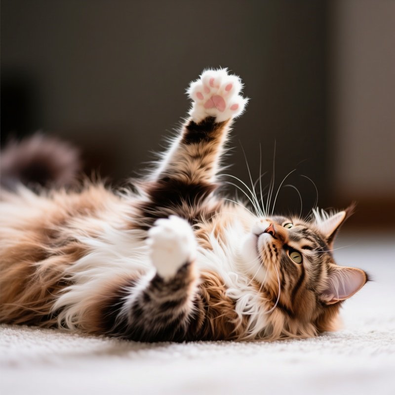 A Relaxed Maine Coon Cat Laying Down With Paws In The Air