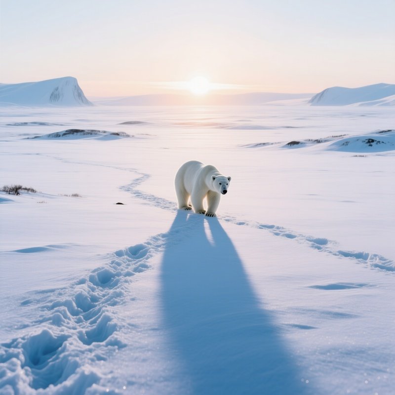 A Remote Arctic Tundra At Sunrise In Deep Winter, Endless White Expanse, Low Sun Casting Long Blue