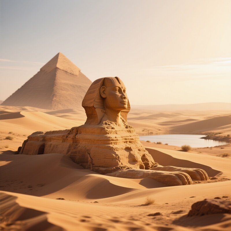 A Remote Desert Oasis With A Sandstone Sphinx Partially Buried In Sand Dunes, Bathed In The Golden