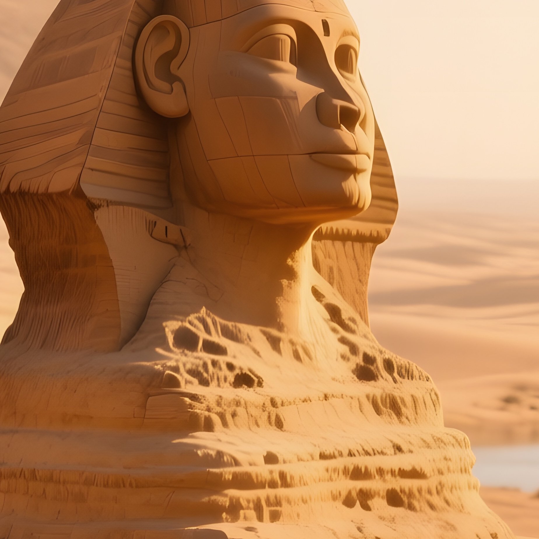 A Remote Desert Oasis With A Sandstone Sphinx Partially Buried In Sand Dunes, Bathed In The Golden - Full Resolution Quality Preview