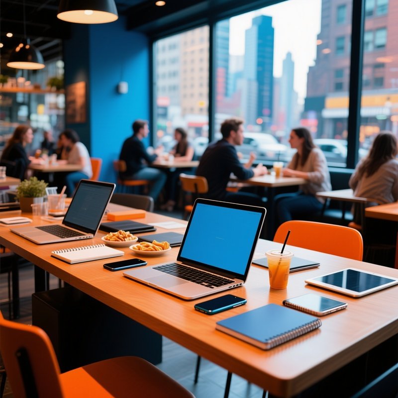 A Remote Freelancer Workspace In A City Cafe