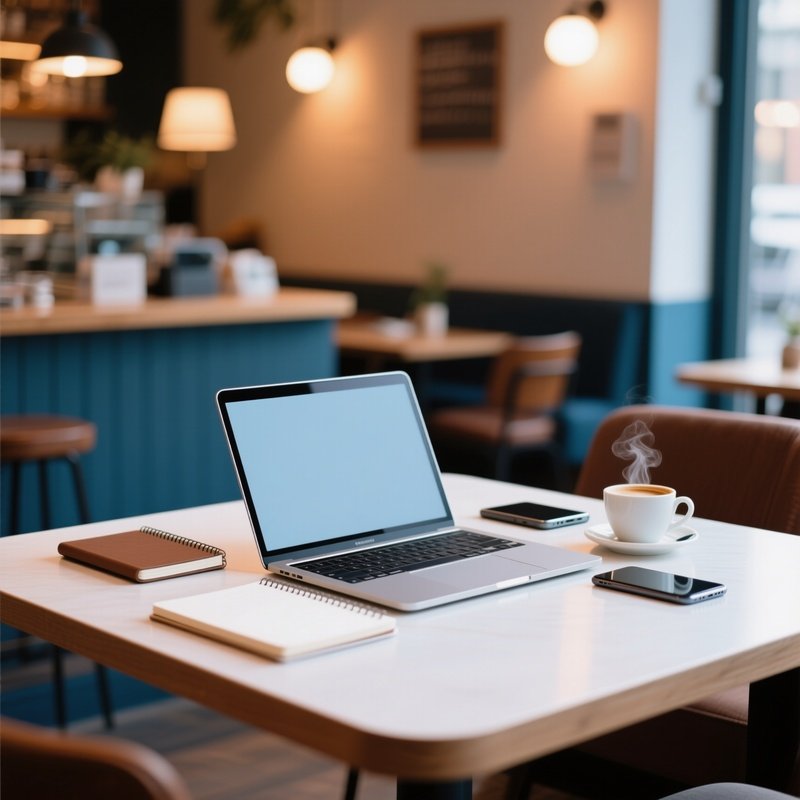 A Remote Freelancer Workspace In A Cozy Cafe