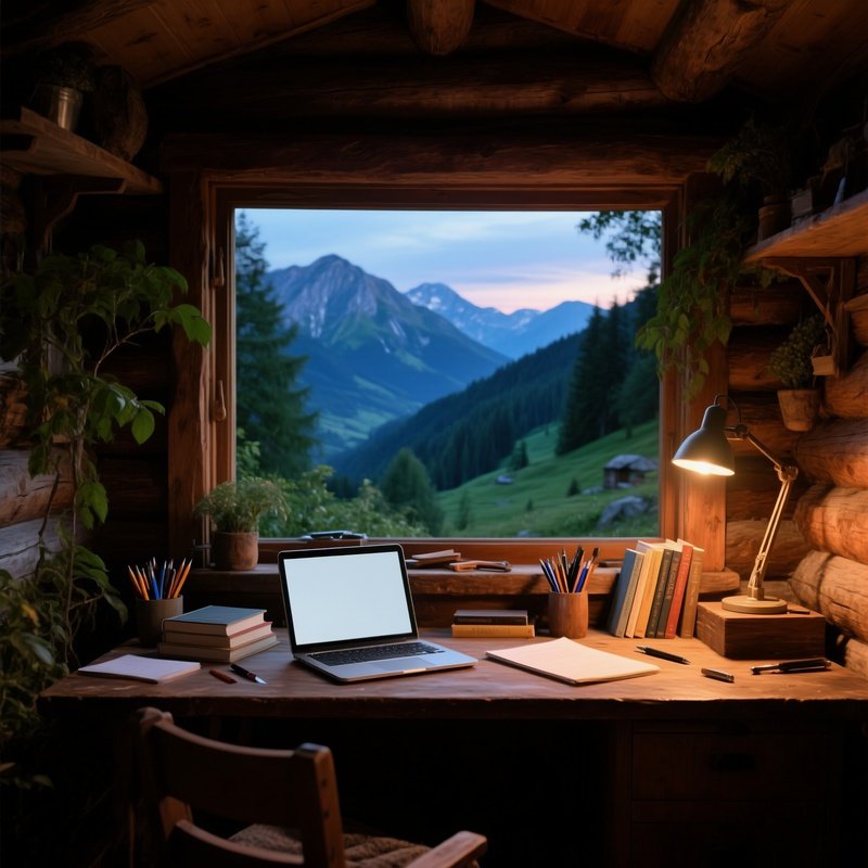 A Remote Freelancer Workspace In A Mountain Cabin