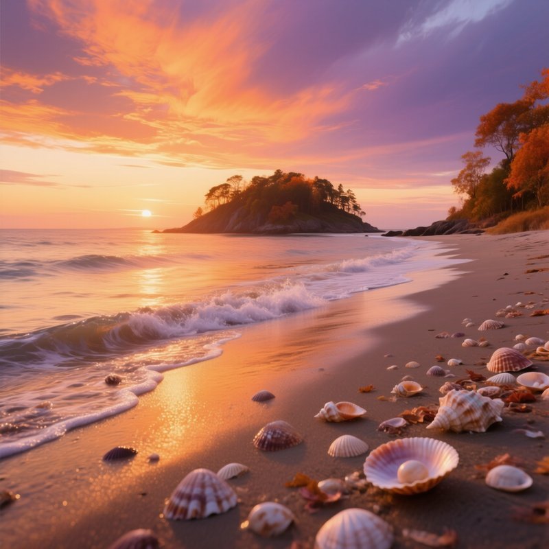 A Remote Island Beach At Golden Hour In Late Autumn, Seashells Scattered, Gentle Waves Lapping, Sky