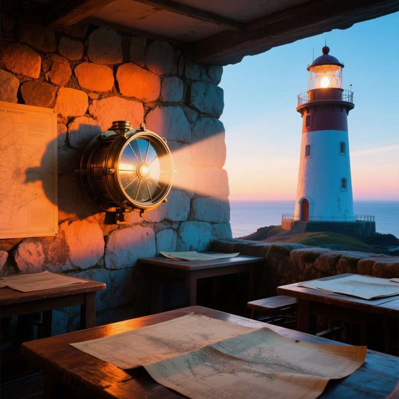 A Remote Lighthouse Interior With A Rotating Glass Lens Catching A Beam Of Sunrise That Paints The
